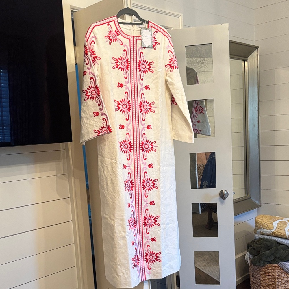 White Maxi Dress with Pink Floral Embroidery